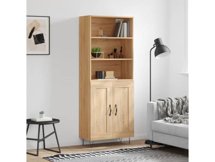 Elegantes Highboard mit Stauraum aus Holzwerkstoff, Modernes Highboard mit Wandhalterung, Praktischer Schrank mit Türen für Ordnung, Sonoma-Eiche fürs Wohnzimmer auf stabilen
