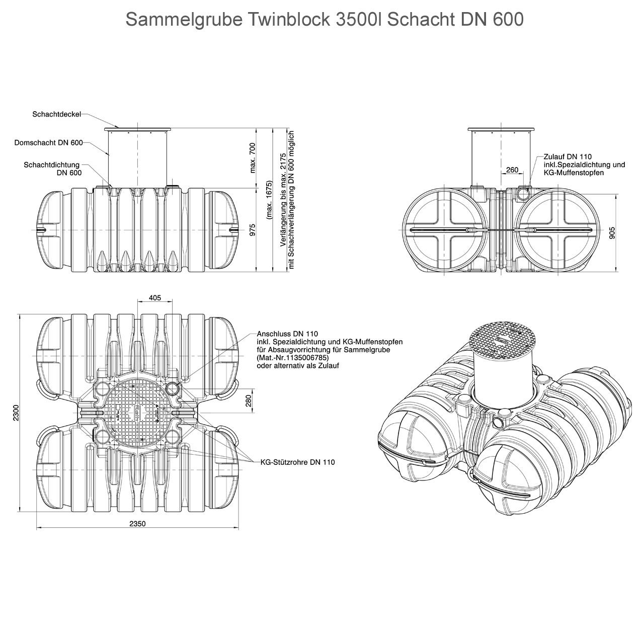 ROTH Sammelgrube Twinbloc® 3500 Liter mit DIBt-Zulassung DN 600 (PKW-befahrbar bis 600 kg Radlast) 1135006982+1135005438