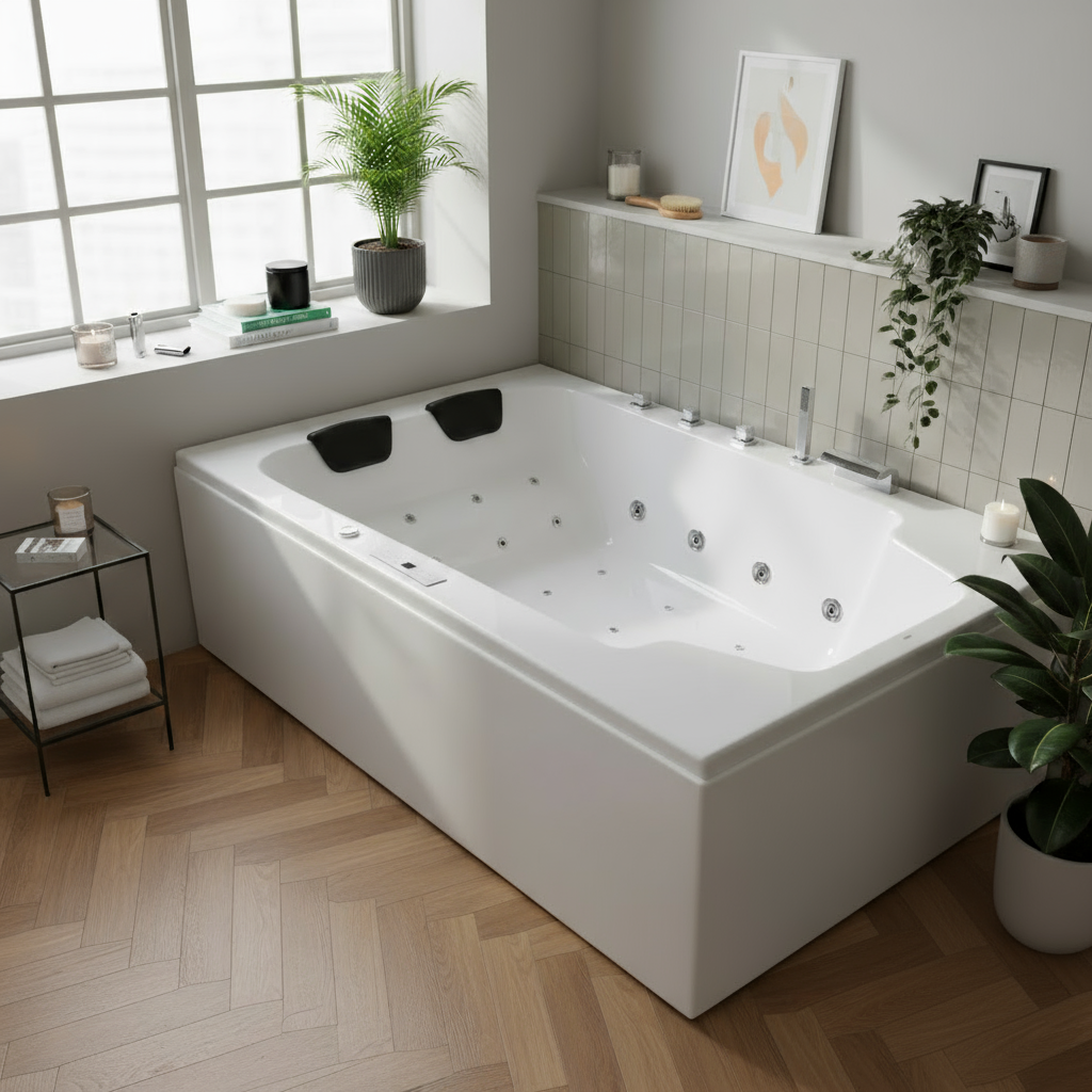 Indoor Whirlpool Doppelbadewanne 190x120 cm, 16 Massagedüsen LED, groß, freistehend / Einbau, 2 Personen, Caribia CLASSIC Basic, Made in Germany