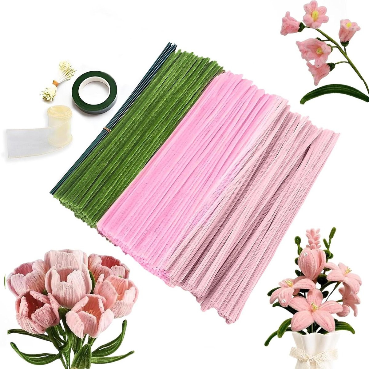 Roze Pijpenreinigers Bloemenset Knutselset van Flexibel Polyester Materiaal - 30 cm