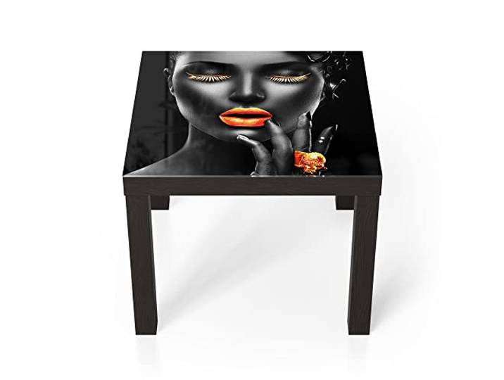 DEQORI Glastisch schwarz klein 55x55 cm Motiv Frau mit Gold Make-Up ausgefallener Beistelltisch aus Glas Hochglanz Couchtisch fürs Wohnzimmer moderner Couch Tisch mit Design