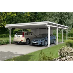 Carport Emsland 613x846cm mit Abstellraum, weiß, 20mm Dachschalung mit EPDM Folie Holzcarport