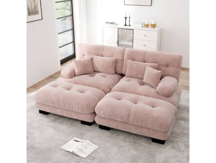 MIVRAY Canapé Modulaire Style Nuage avec 2 Ottomans Accoudoirs Larges et 4 Coussins Assise Profonde en Chenille Rose