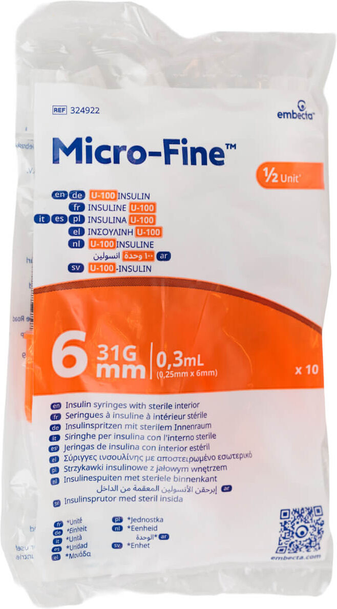 embecta Micro-Fine Insulin Syringes U-100 0.3ML 6MM 31G (100 pieces)