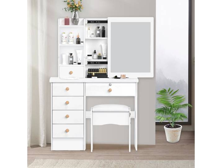 Coiffeuse avec Miroir et Tabouret Confortable - Table de Maquillage - FLASIDU - 6 Tiroirs - Blanc - moderne - 122*80*37cm