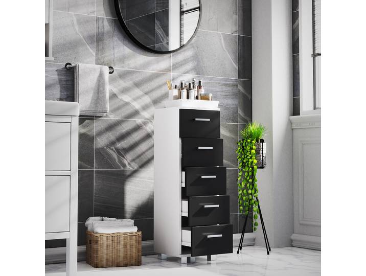 Meuble bas Zalo - 5 tiroirs 30 x 94 x 30cm Blanc/Blanc/Noir