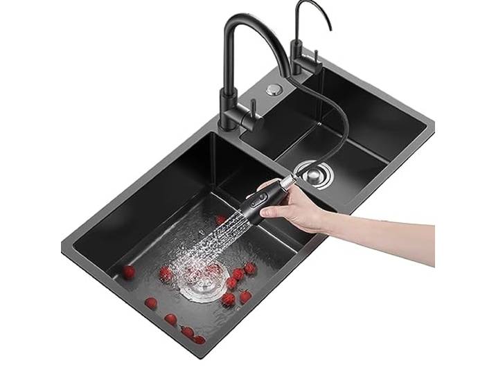 Doppelbeckenspüle Aus Edelstahl Schwarze Küchenspüle Große Spüle Schwarzer Ausziehbarer Wasserhahn Komplettes Zubehör (S : 85x45x20cm)
