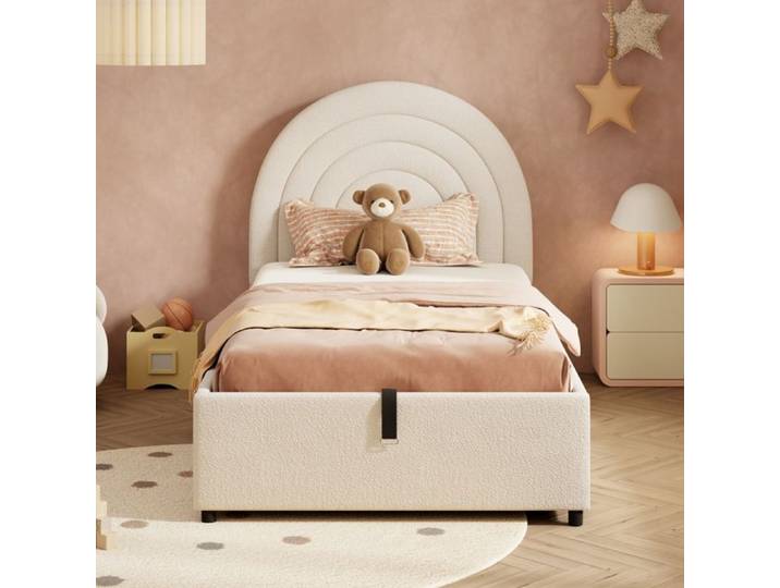 Lit rembourré simple 90x200 Beige Boucle avec sommier à lattes et tête de lit pour enfant adulte