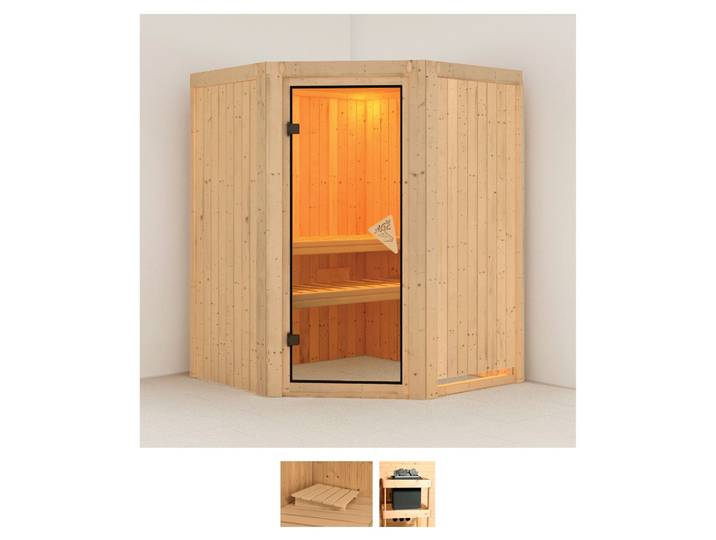 Sauna KARIBU Larin , beige (naturbelassen), ohne Ofen, (ohne Ofen), Saunen, Sauna, ohne Ofen