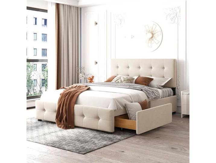 Lit Double Rembourré DRIPEX - 140 x 200 cm - Avec 4 tiroirs - Beige