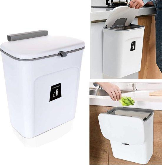 Witte wandmontage afvalbak van kunststof met flip-lid, 9 liter