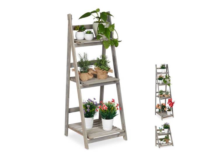 Relaxdays Blumentreppe Holz grau