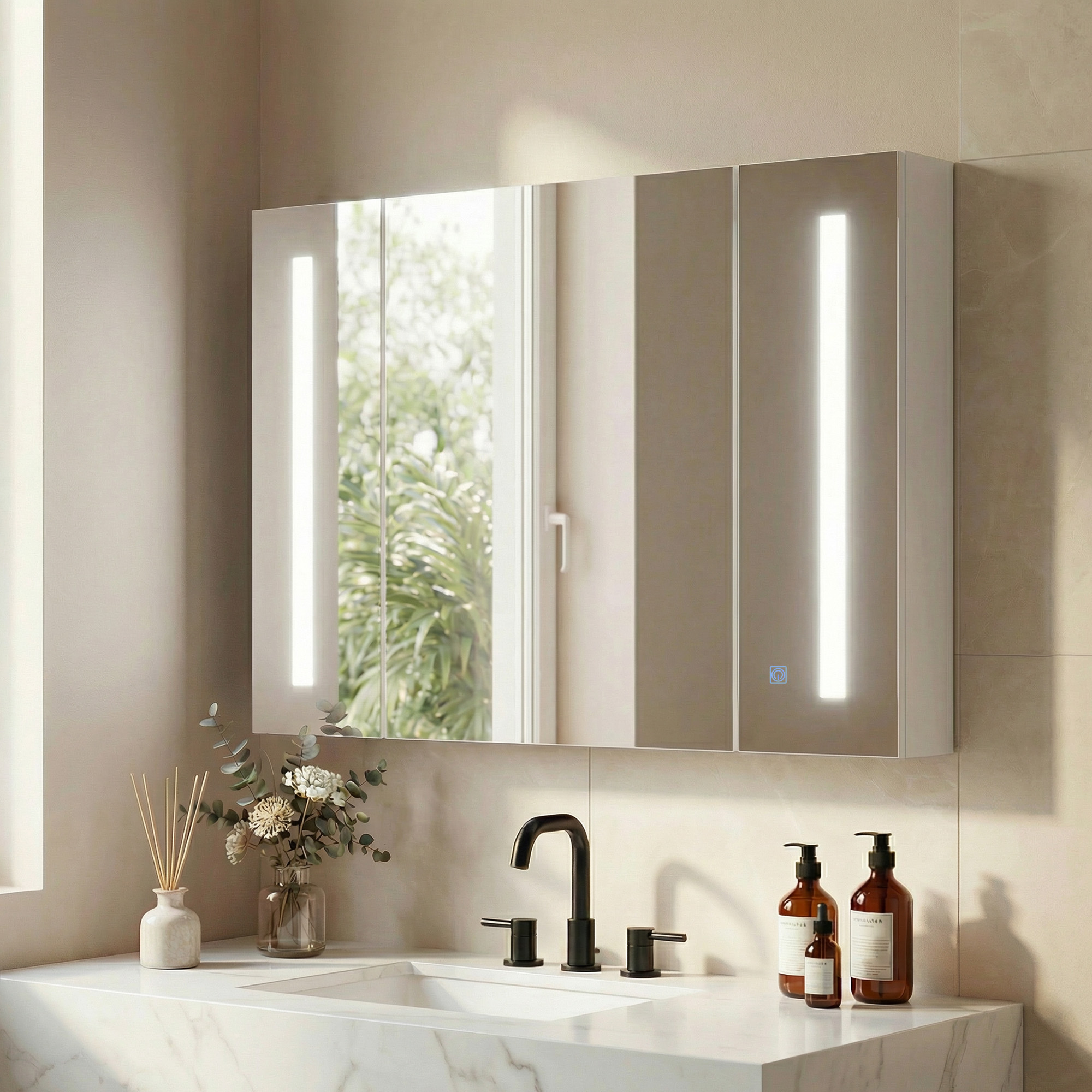 Kleankin Armadietto Specchiera da Bagno con 3 Armadietti, 3 Ripiani e Luce LED, 90x15x65 cm, Bianco Aosom