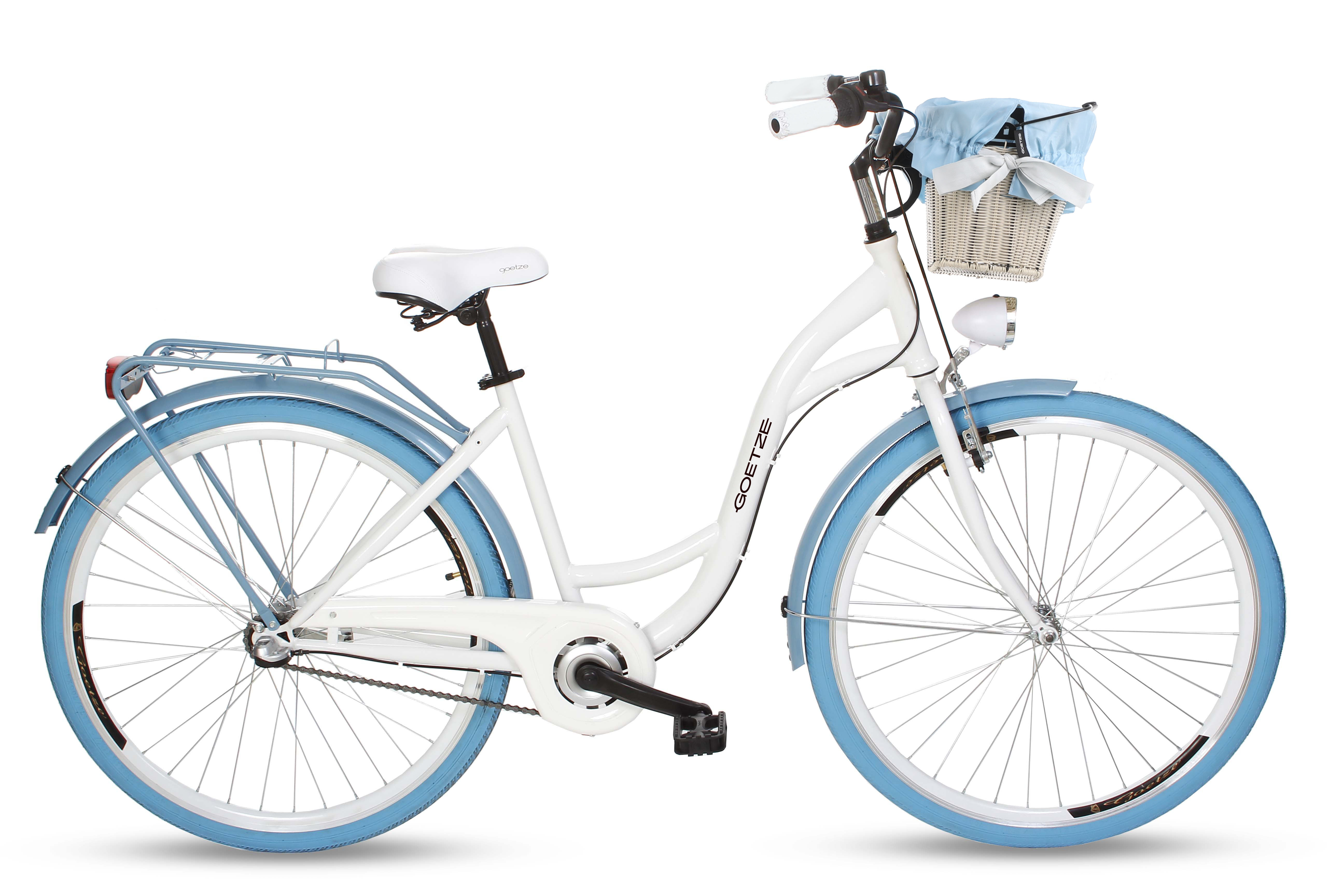 Goetze Style 28 Zoll City Bike, 18 Zoll Tiefeinsteigerrahmen, 3-Gang Shimano Nexus, V-Bremse & Rücktritt, LED-Beleuchtung, Komfortsattel, Rattankorb