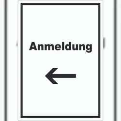 HB-Druck Anmeldung Aufkleber mit Text und Richtungspfeil links Aufnahme hochkant A5 (148x210mm)