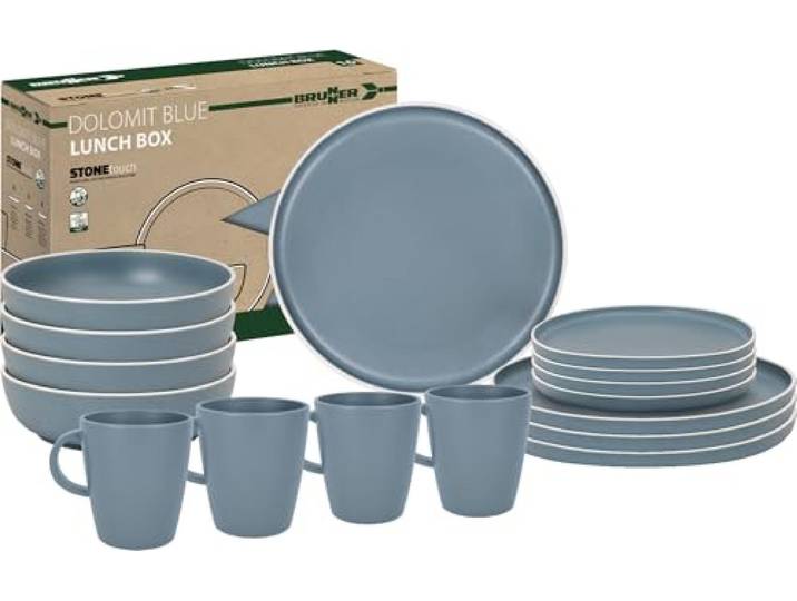 BRUNNER Melamin Geschirr Set Lunch Box Dolomit Stone Touch Camping Teller 16tlg blau