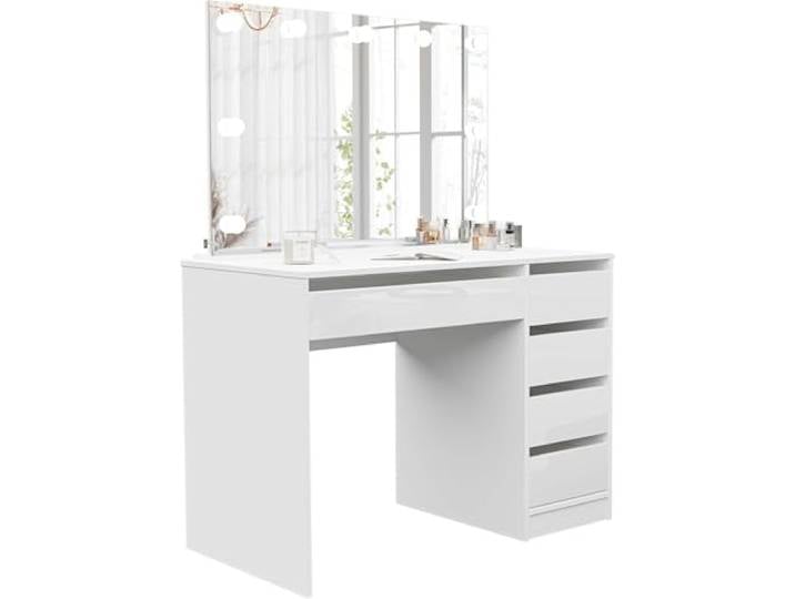 IDOHOME Schminktisch mit LED Spiegel und 5 Schubladen Weiß Glanz 5 Schubladen, Holz, Mehr Ordnung, LED Spiegel, Kosmetik und Styling, Gleichmäßiges Licht