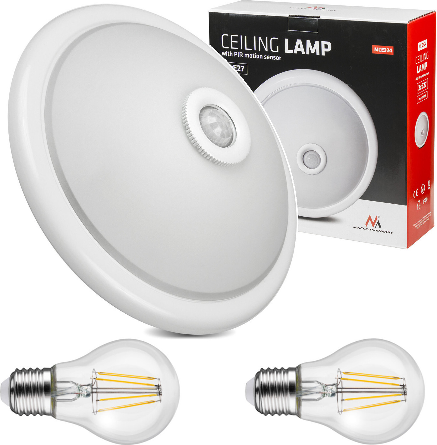 Maclean LED-plafondlamp met PIR-sensor, E27, 2x max. 40W, MCE324 + 2xMCE268