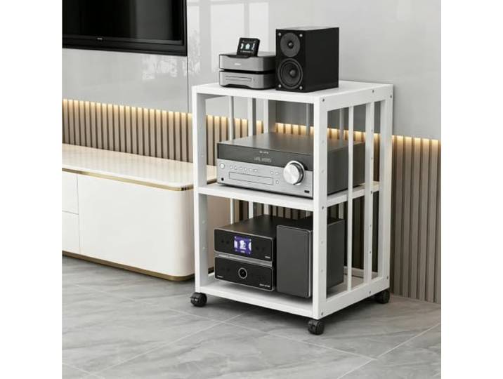 Verstellbares HIFI-Audio-Rack – Stereo-Medienständer mit 2/3/4/5 Ebenen Verstellbare Regalböden, fahrbarer Metallrahmen, HIFI Audio- und Medienspeicher(White+White,19.7x15.7x27.2in)