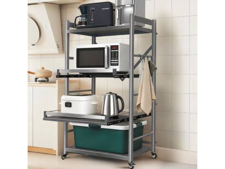 quolliter Standregal Küchenregal aus Kohlenstoffstahl, 200kg Tragkraft, 4 Ablagen Schmalregal mit Rollen & Arbeitsplatte, Stehendes Regal ohne Bohren für Küche, Wohnzimmer, Badezimmer, Breite 80cm