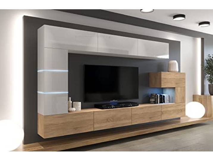 Furnitech Wohnwand Wohnzimmer - Hängend Wohnwand Modern - Schrankwand mit Regale und TV Schrank - Möbel ohne LED (AN89NEW-21WS-HGM21)