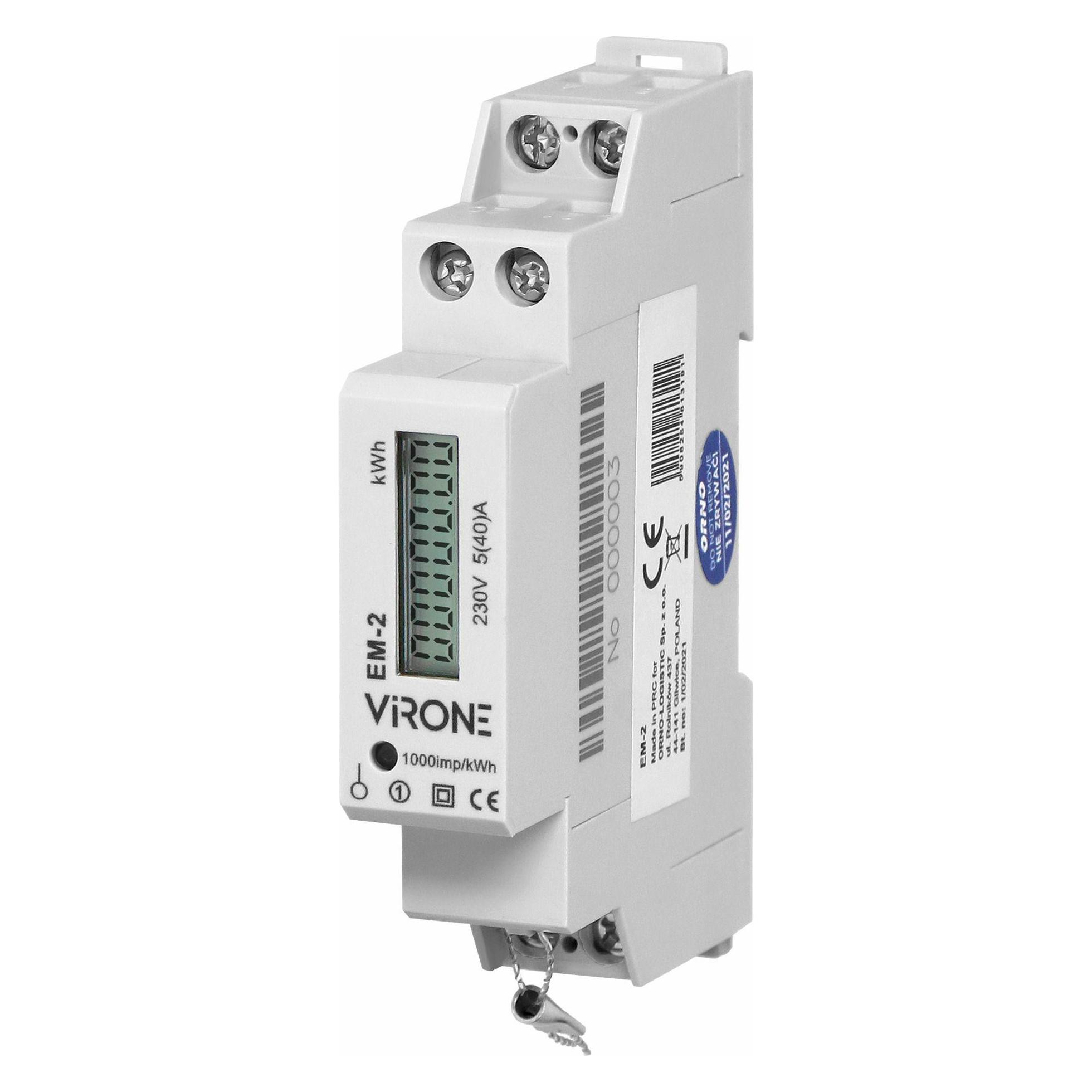 Orno Virone EM-2 Digitaler Wechselstromzähler Einphasiger Energiezähler, 40A, Impulsausgang, 1 Modul, DIN (EM-2)