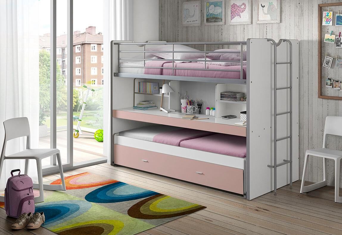 Hochbett VIPACK "Bonny, mit 3 Schlafgelegenheiten, super praktisch im Kinderzimmer", rosa (weiß, rosa), B:102cm H:161cm L:222cm, Hochbetten, Hochbett, mit grosser Schreibplatte, Regalfächern, viel Funktion auf kleinem Raum weiß, rosa Liegeflächen B/L: 90c