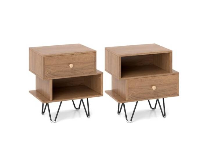 Helloshop26 2 Nachttische 44 x 29 x 47 cm mit abnehmbarer Schublade und offenem Fach aus der Mitte des Jahrhunderts, aus Spanplatte, Braun, 20_0011963