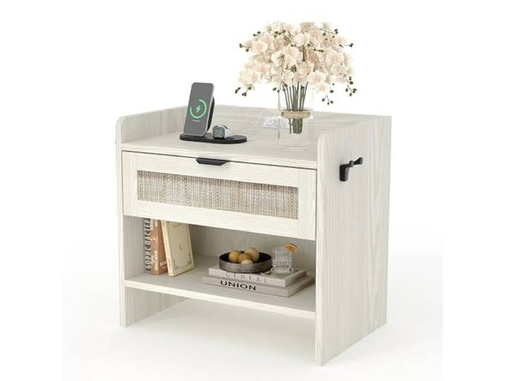 Rattan-Nachttisch Beistelltisch Boho-Design Mit USB/Type-c-Ladestation 1 Schublade & offene Ablage – Nachtschrank/Beistelltisch fürs Schlafzimmer, Wohnzimmer oder Büro