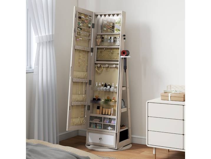 HOMCOM Armoire à Bijoux Pivotante Miroir Pleine Longueur LED
