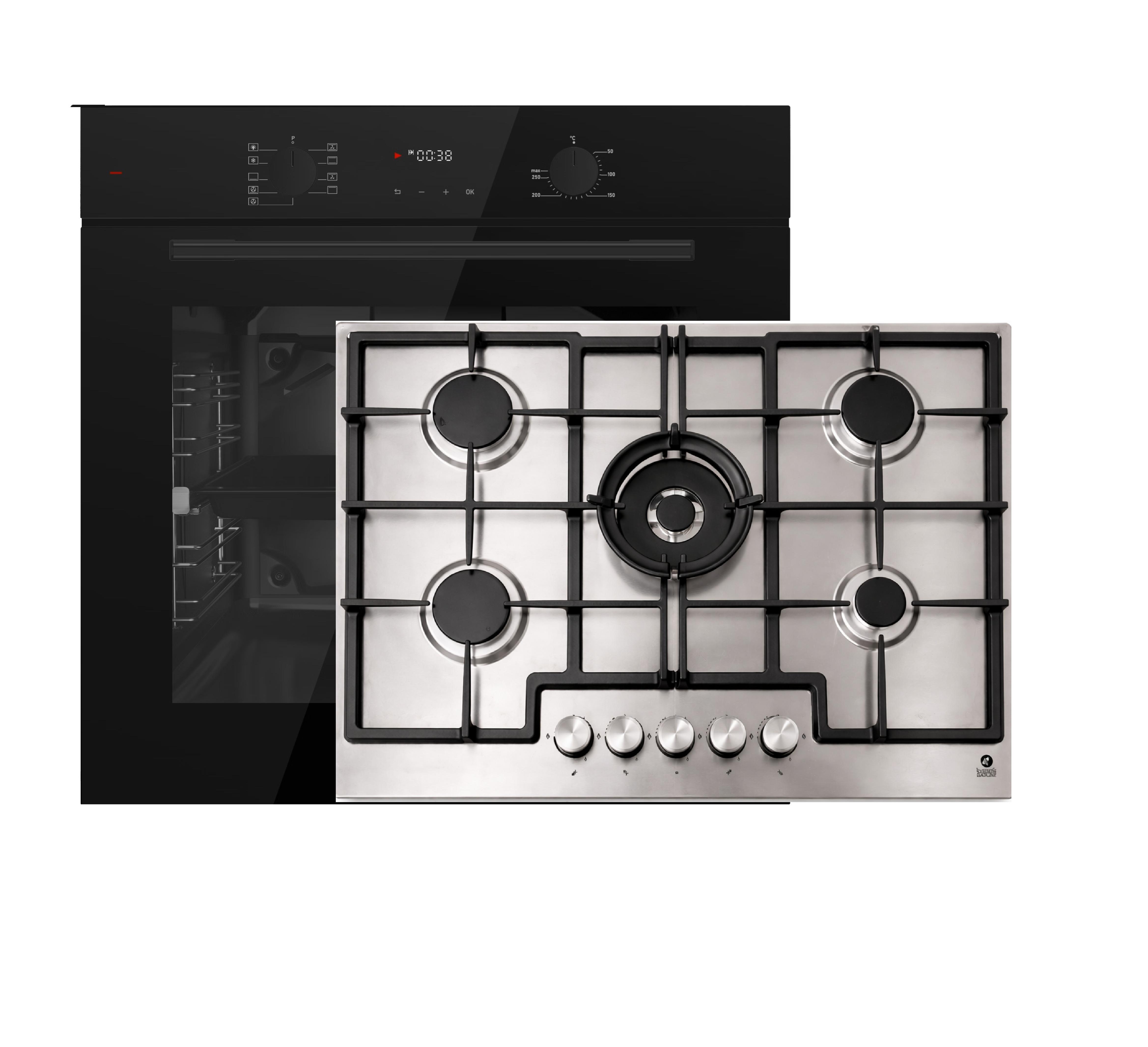 Böhme Herdset mit Einbaubackofen Schwarz Glas mit Heißluft, Timer, 1-fach Teleskopauszug HB60F78PPB + Gasline GAG75INX Gaskochfeld 75cm