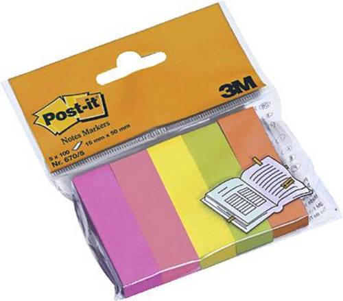 Post-it Haftnotiz 670-5 15mm x 50mm Neongelb, Neonpink, Neongrün, Neonorange, Neonviolett 500 Blatt