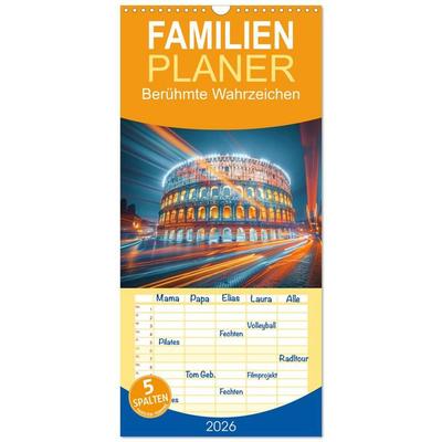 Familienplaner 2026 - Berühmte Wahrzeichen mit 5 Spalten (Wandkalender, 21 x 45 cm) CALVENDO