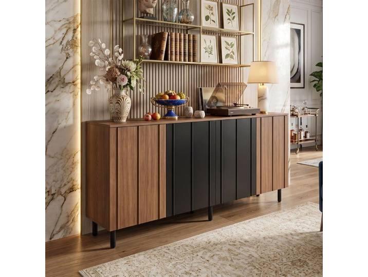 Buffet Enfilade 160x35x80cm Grand Rangement 4 Portes Style Moderne & Industriel Pieds Métal - Noisetier et Noir