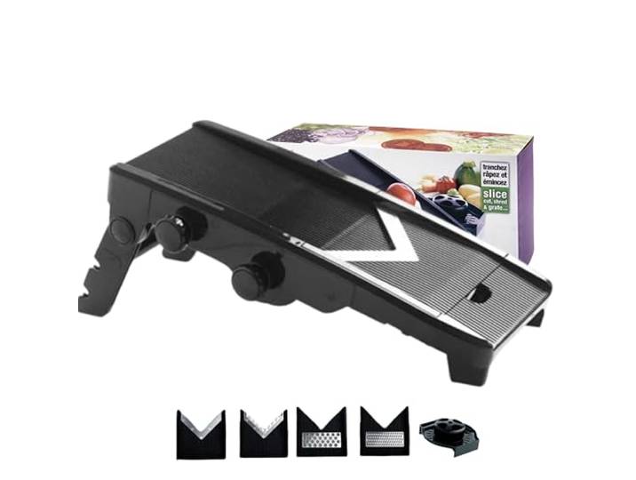 Mastrad - Mandoline Multi-Lames en V – Coupe-Légumes 6 Lames Inox – Épaisseur Réglable 1 à 9 mm – Trancheur\, Râpe\, Coupe Frites – Garde de Sécurité