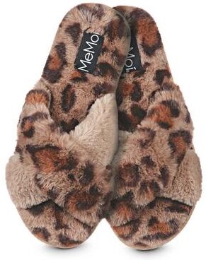 Women's Cheetah Crossover Open Toe Plush Slippers by MeMoi in Taupe (Size L)