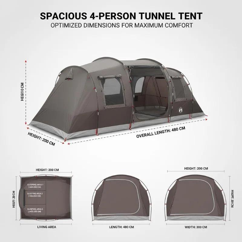 Campingzelt - Tunnelzelt 4 Personen - Wasserdichtes Polyester - Leicht aufzubauen - Für Camping & Trekking - Armeegrün