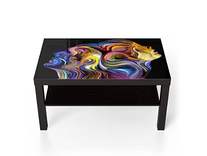 DEQORI Glastisch schwarz groß 90x50 cm Motiv Liebespaar Kopf an Kopf ausgefallener Beistelltisch aus Glas Hochglanz Couchtisch fürs Wohnzimmer moderner Couch Tisch mit Design