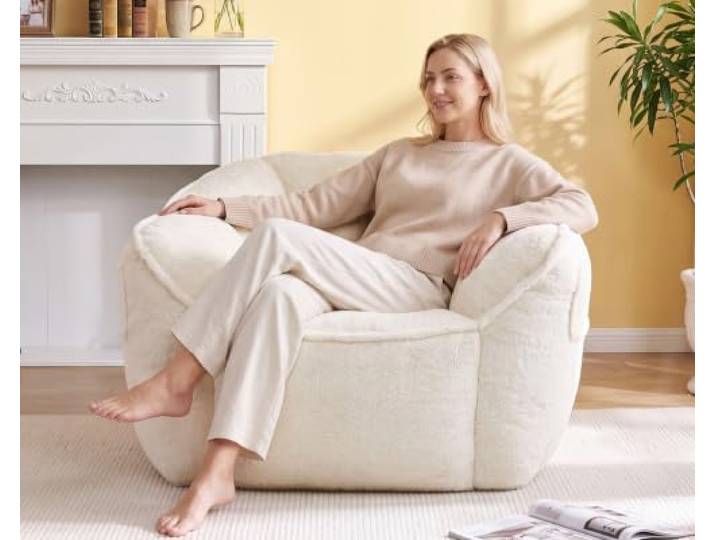 Vipbear Sitzsack für Erwachsene,Sitzsack in Blumenform mit Armlehnen Rückenstütze und Memory-Schaum-Füllung, LoungeSitzsack für Wohnzimmer Schlafzimmer,（XXL-Beige)