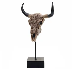 Deko Standfigur Kuhschädel HWC-D30, Stierkopf Bulle Tierkopf Kuhkopf Trophäe mit Trival, Polyresin 47x30x12cm