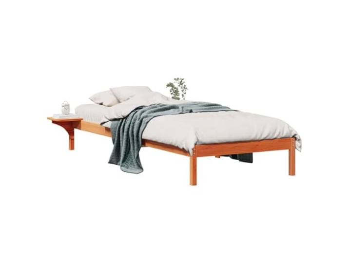 KTHLBRH Bett mit Seitentischen Braun gewachst 80 x 210 cm Massives Kiefernholz, modernes Design, integrierte Ablagen, robuste Struktur