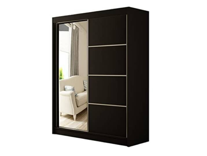 Margaret Hadas24 Kleiderschrank Padwa 150 mit Spiegel, Organizer, Mehrzweckschrank, Schwebetürenschrank, Garderobenschrank, Kleiderstange, Kleiderständer, Flurschrank, Schrank, 2-türig, schwarz