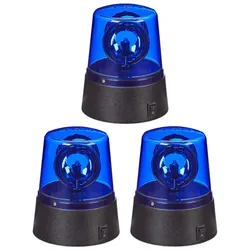 Relaxdays LED Blaulicht, 3er Set, Rundumleuchte mit drehendem Reflektor, Partylicht, Geburtstag, batteriebetrieben, blau