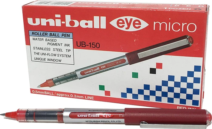 uni-ball eye micro UB-150E Tintenroller silber 0,2 mm, Schreibfarbe: rot, 12 St.