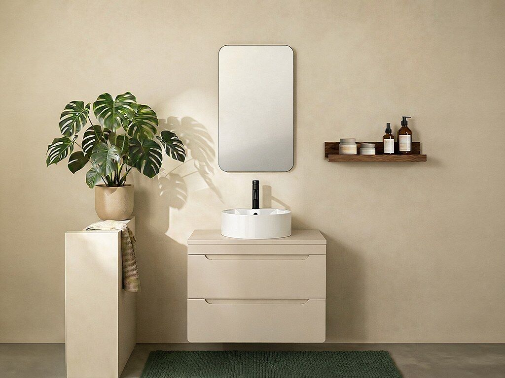 Unique Mueble de baño suspendido con lavabo sobre encimera redondo - Beige - 80 cm - ARUBA