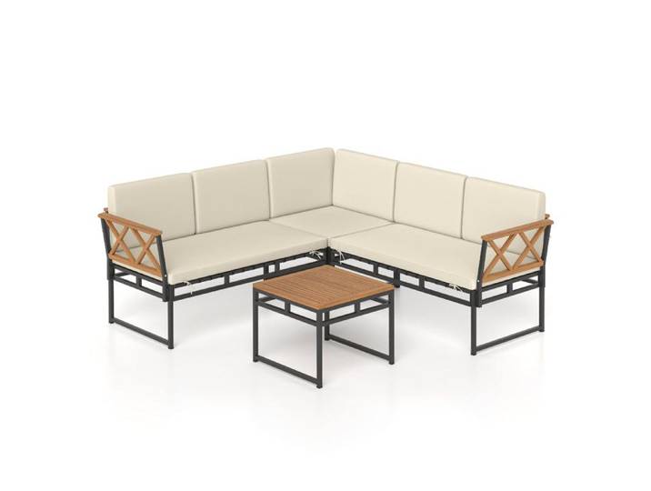 GIANTEX Salon de Jardin en Acacia avec Cadre Métallique Canapé de Jardin en L Table Basse Coussins pour Jardin Terrasse