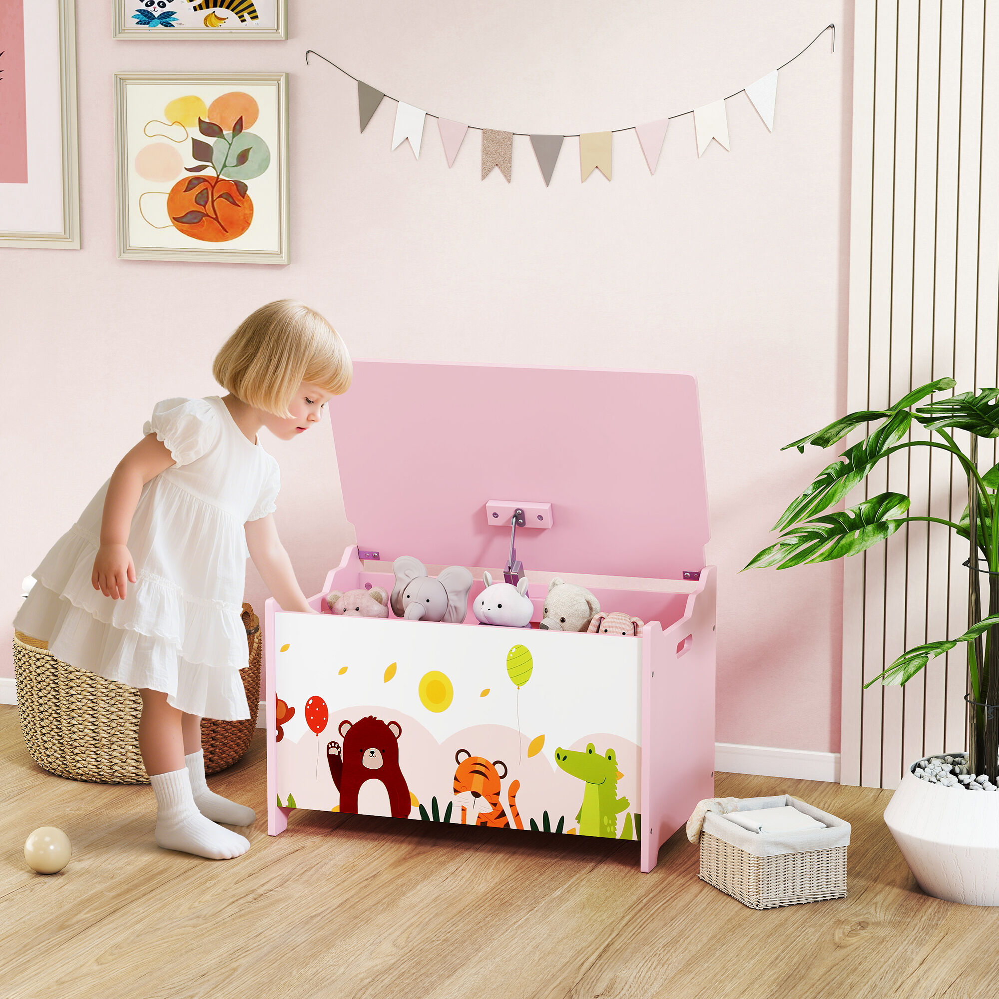 Altro Baule Portagiochi Per Bambini Con Cerniere Di Sicurezza In Legno Con Disegni Di Animali, 60x37x39 Cm, Rosa
