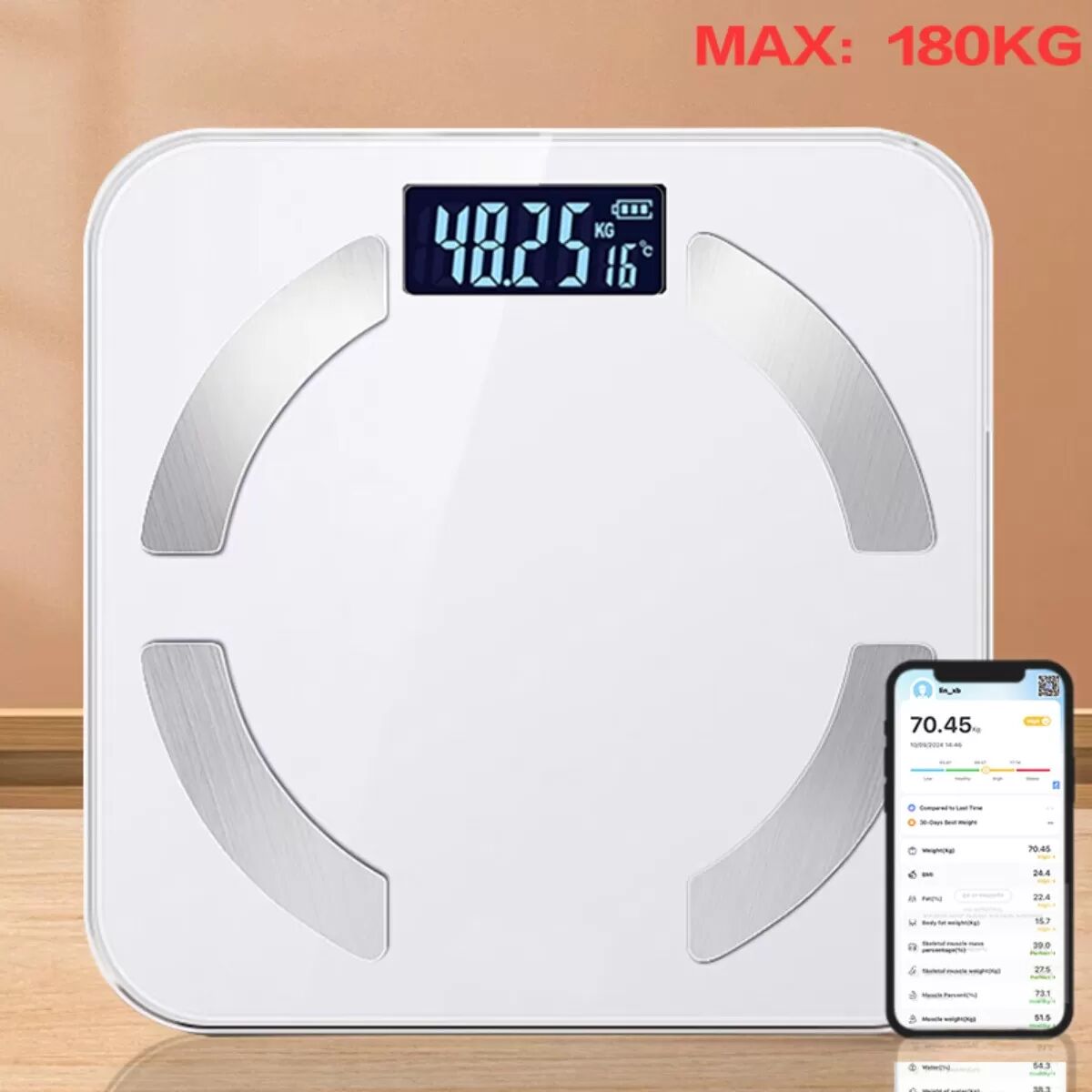 INF Smart Rechargeable Body Weight Scale mit LCD-Hintergrundbeleuchtung, Type-C 300mAH, Bluetooth 4.0+, 0.05kg Präzision, Weiß