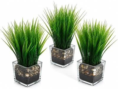 YUN Mini Artificial Grass Plant in Clear Glass Pot with Faux Soil and Pebbles for Desk Decor - Flower pot 8cm