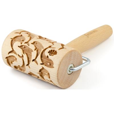 Teigroller FOLKROLL "Delfine", braun (holzfarben), L:16,5cm Ø:5,5cm, Massivholz, Teigroller, Keksteig im Handumdrehen mit Motiv versehen